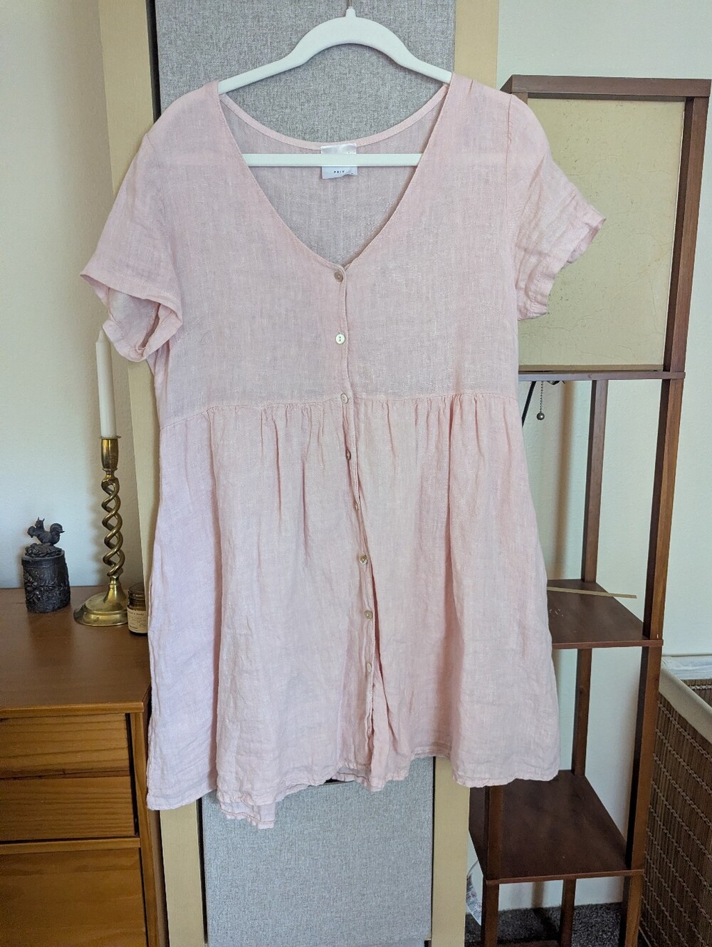 Jillian Harris X Priv 100% Linen Baby Pink Babydoll Button Up Mini Dress